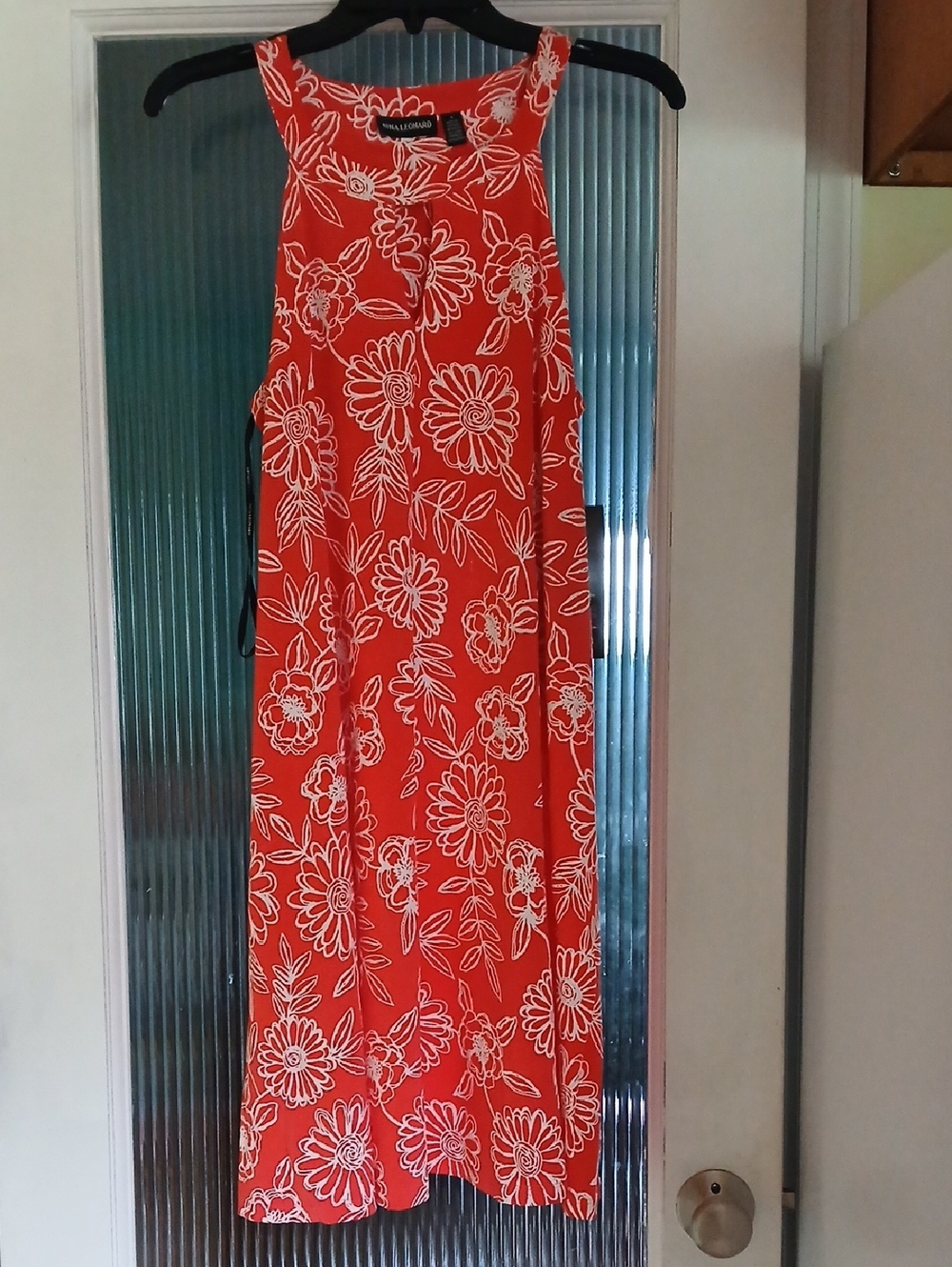 Nina Leonard Red Floral Midi Dress with White Outline